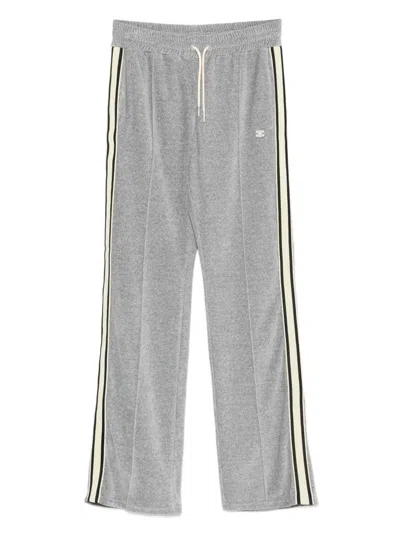 Celine Straight-leg Webbing-trimmed Logo-embroidered Cotton-blend Velour Track Pants In Gray