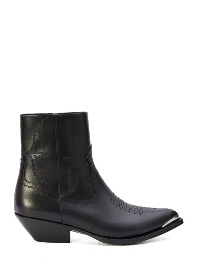 Celine Men's Black Shiny Leather Ranch Boots With Embroidered Detail