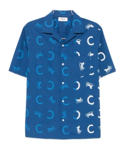 Celine Men's Blue 'bowling' Shirt With Pointed Collar And Front Button Closure