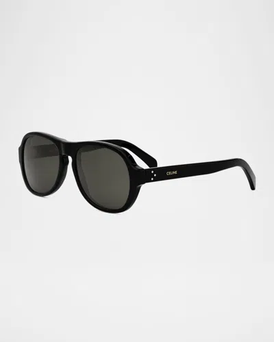 Celine Men's Bold 3 Dots Aviator Sunglasses In Shiny Black Smoke