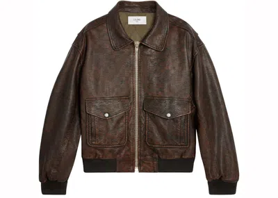 Pre-owned Celine Men's  Aviator Blouson Jacket In Embossed Lambskin In Dark Brown