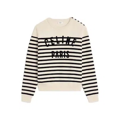 Pre-owned Celine Men's  Crew Neck Mariniere Cotton Sweater In Off White/black