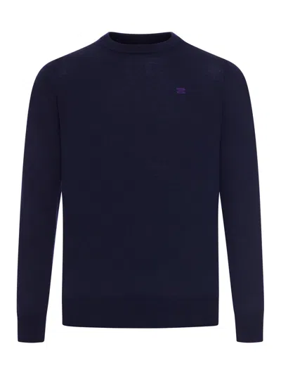Celine Men Fine Wool Sweater With Triomphe Embroidery In Blue