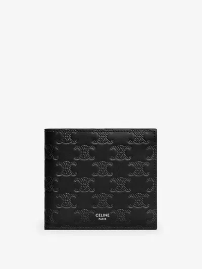 Celine Men Leather Bifold Wallet With Triomphe Motif In Black