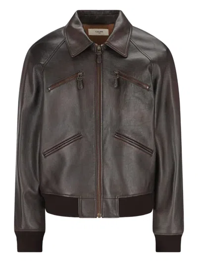 Celine Men Leather Bomber Jacket In Brown