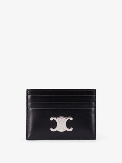 Celine Men Leather Card Holder With Metal Triomphe Logo Patch In Black