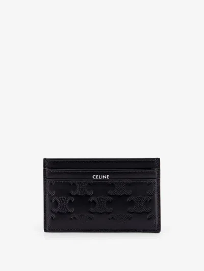 Celine Men Leather Cardholder With All-over Triomphe Logo In Black