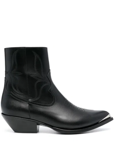 Celine Men Leon Zipped Boot With Metal Toe In Shiny Calfskin In Black