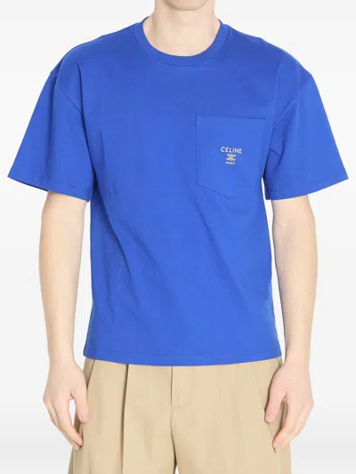 Celine Men Logo Cotton T-shirt In Blue
