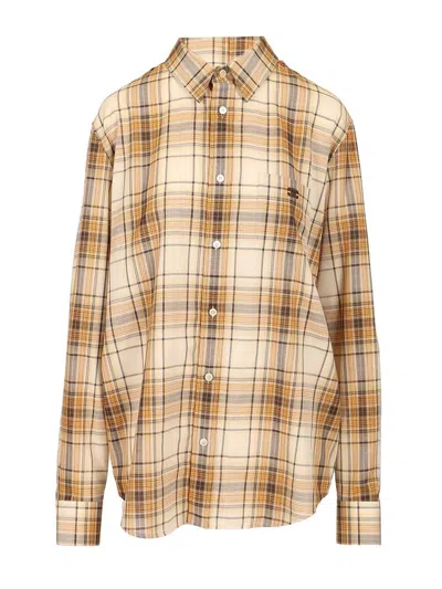 Celine Men Loose-fit Checked Shirt In Brown