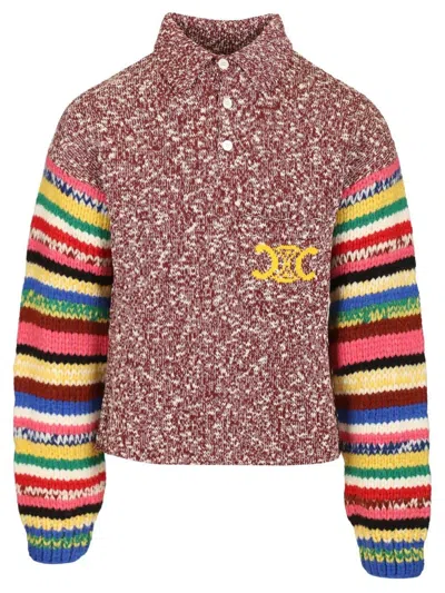Celine Polo Sweater Striped Sleeves Ribbed Trims In Multi