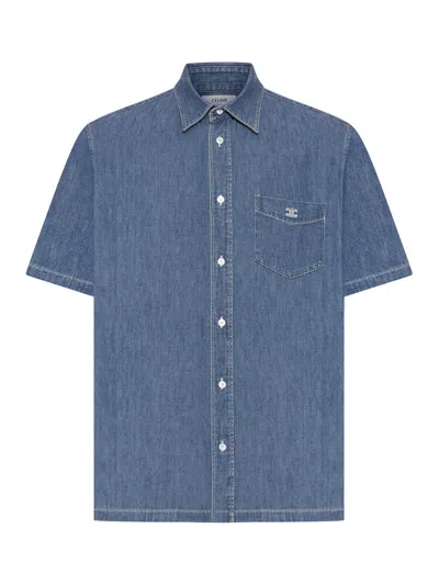 Celine Men Short-sleeved Denim Bowling Shirt With Logo In Blue