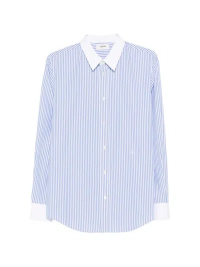 Celine Men Striped Cotton Shirt In Blue