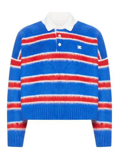 Celine Cropped Logo-embroidered Striped Brushed Cotton-blend Polo Shirt In Blue