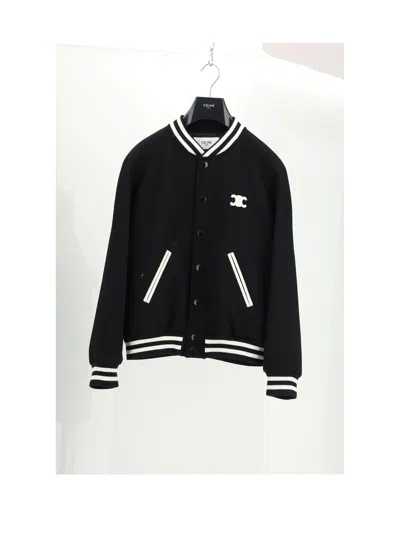Celine Teddy Triomphe Leather-trimmed Wool-blend Varsity Jacket In Black