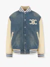 Celine Men Teddy Triomphe Denim Bomber With Leather Sleeves In Blue