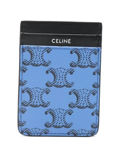 Celine Magnet Card Holder In Triomphe Canvas And Calfskin In Blue