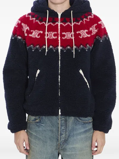 Celine Men Fair Isle Triomphe Brushed Fabric Hooded Jacket In Blue