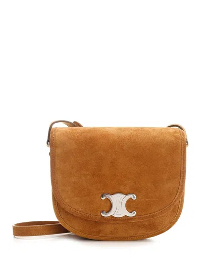 Celine Men Triomphe Medium Saddlebag In Suede Calfskin In Brown