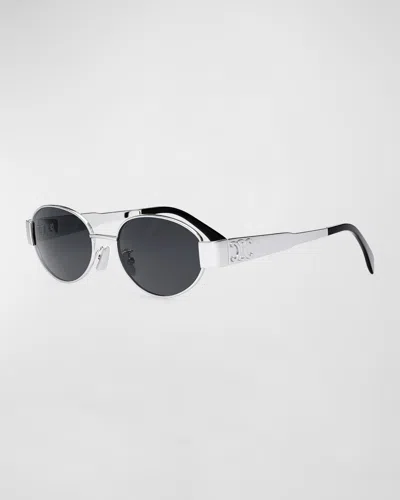 Celine Men's Triomphe Metal Oval Sunglasses In Silver