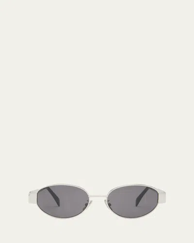Celine Men's Triomphe Metal Oval Sunglasses In Shiny Palladium Smoke
