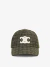 Celine Triomphe Baseball Cap In Checked Wool Felt In Green
