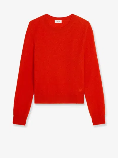 Celine Logo-embroidered Open-knit Wool Sweater In Red