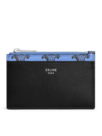 Celine Men Zip-up Card Holder In Triomphe Canvas And Lambskin In Black