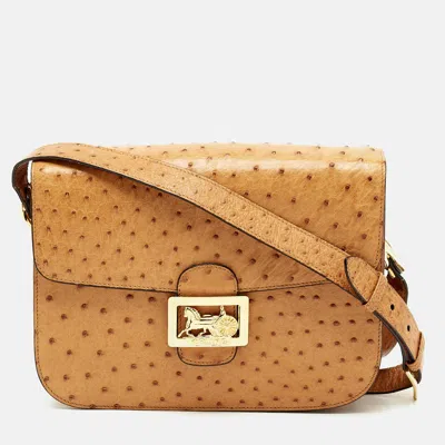 Pre-owned Celine Metal Flap Tan Ostrich Leather Crossbody Bag In Brown