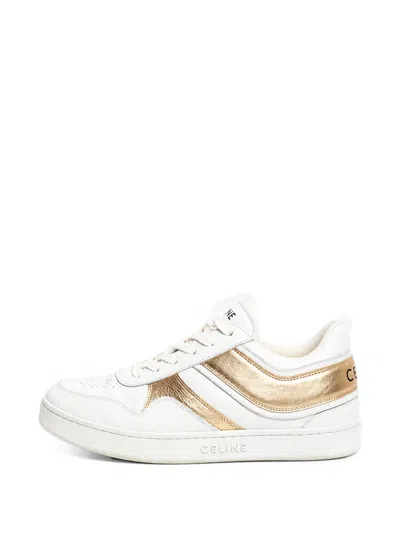 Pre-owned Celine Metallic-finish Lace-up Sneakers In White
