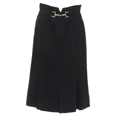 Pre-owned Celine Michael Kors Vintage 100% Wool Gold Horsebit Buckle Pleated Skirt Fr42 Xl In Black