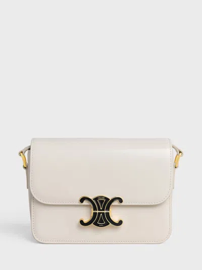 Celine Teen Triomphe Bag In Shiny Calfskin With Enamel Closure In White