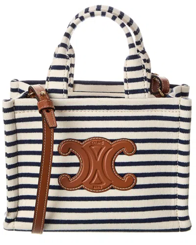 Celine Mini Cabas Striped Triomphe Canvas & Leather Tote In White