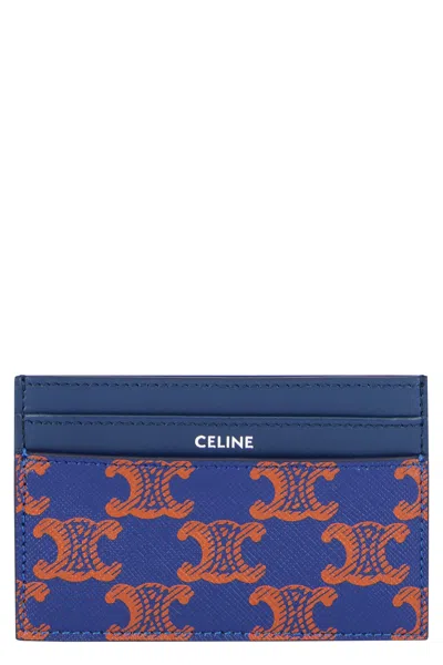 Celine Mini Cardholder In Fabric And Leather In Blue