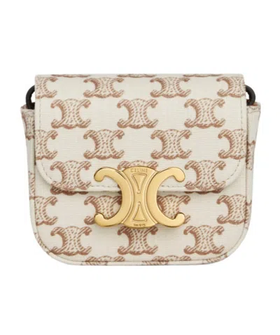 Celine Mini Claude In Textile With Triomphe Print And Calfskin In White