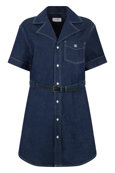 Celine Mini Denim Short Dress In Blue