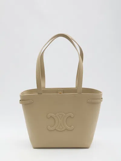 Celine Mini Grained Calfskin Handbag With Emblem In Beige