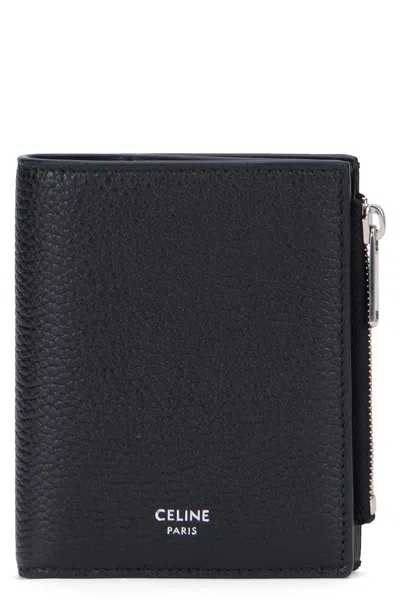 Celine Mini Hammered Leather Wallet In Black