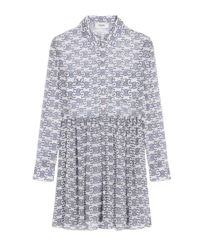 Celine Mini Shirt Dress In Silk Crepon In Blue