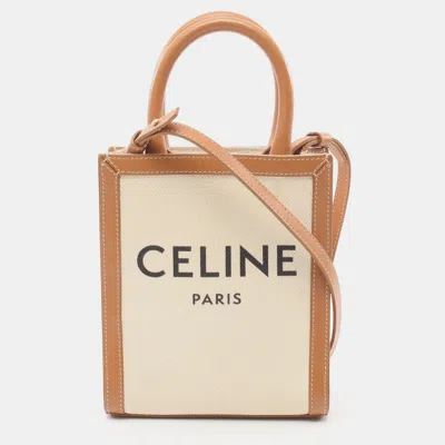 Pre-owned Celine Mini Vertical Cabas Handbag Canvas Leather Ivory Light Brown