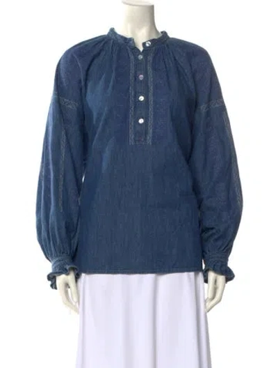 Pre-owned Celine Mock Neck Long Sleeve Blouse In Blue