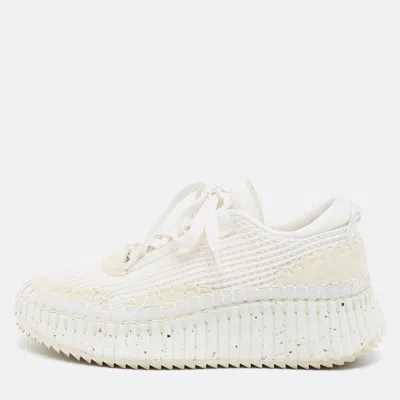 Pre-owned Celine Nama Size 37 White/cream Knit Fabric And Suede Platform Lace Up Sneakers