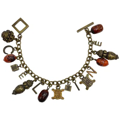 Pre-owned Celine Name & Logo Charm Bracelet With Antique Bronze Patina, 1990s In Brown