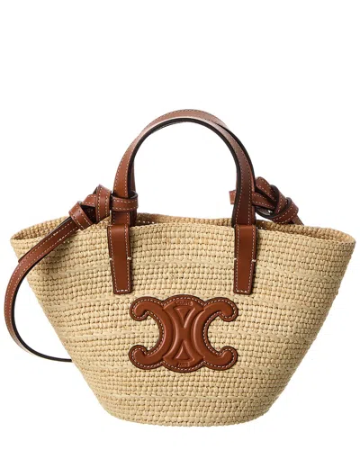 Celine Nano Supple Classic Panier Raffia & Leather Tote In Brown
