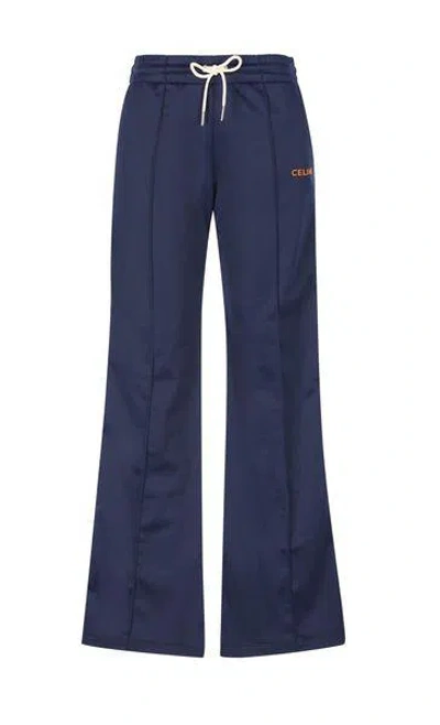 Celine Navy Blue Low-rise Track Pants With Contrasting Orange Bands For Women