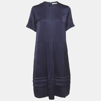 Pre-owned Celine Navy Blue Satin Pleated Midi Dress M