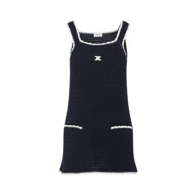 Celine Navy Blue Triomphe Cotton Mini Dress In Black
