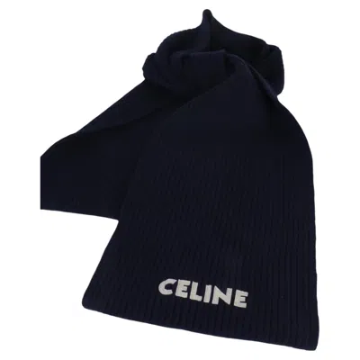 Pre-owned Celine Navy Ribbed Wool Logo Appliqued Scarf In Blue