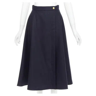 Pre-owned Celine Navy Wool Felt Gold Crest Button Wrap High Waist Midi Skirt Fr36 S In Blue