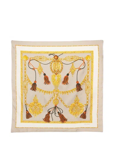 Pre-owned Celine Tassel Print Silk Scarf In Neutral